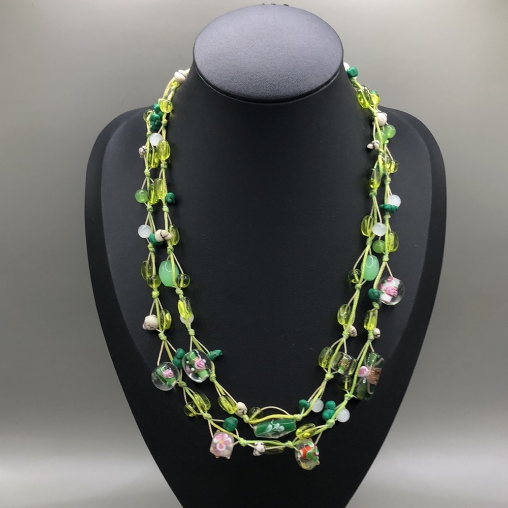Venetian Murano style art glass double thread layered boho necklace fairy forest - Picture 6 of 6